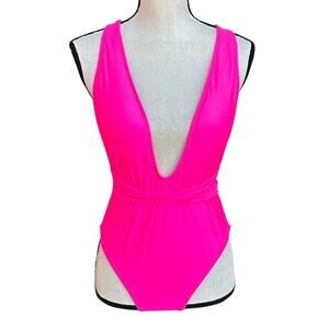 Hot Pink Bandage One Piece Swimsuit Cut Out Plunge Monokini Women's Size M